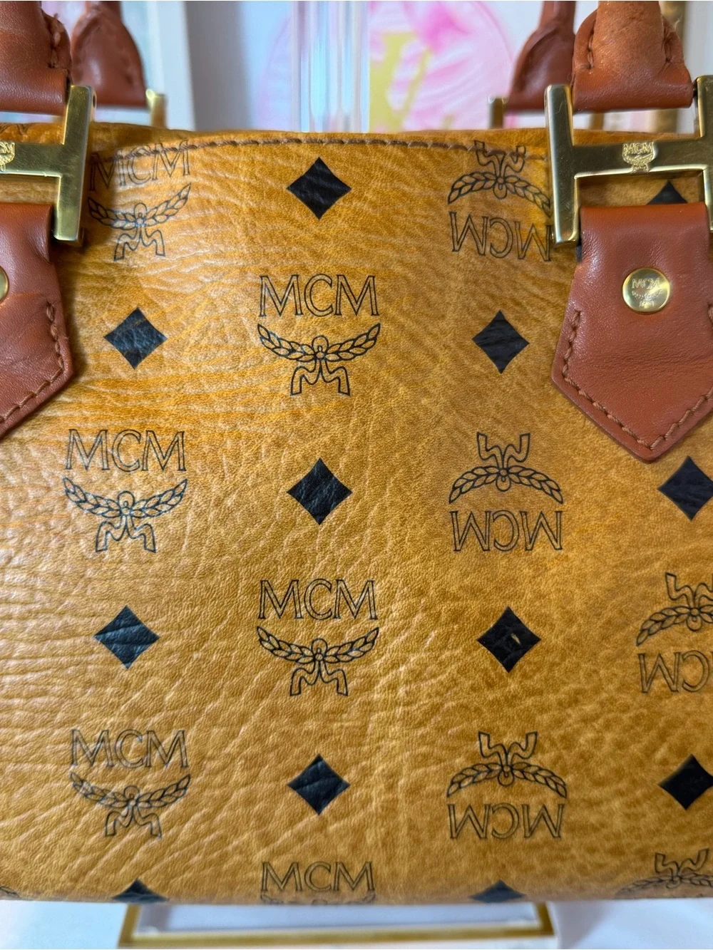 MCM Cognac Visetos Satchel with Tan Trim and Gold Hardware